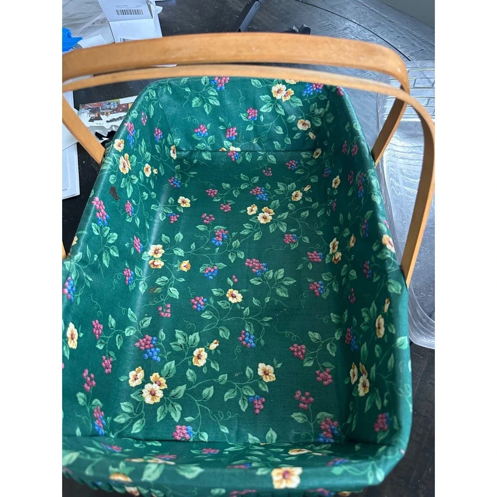 Longaberger 1993 Handwoven Basket Green Floral Liner Plastic Insert Dual Handles